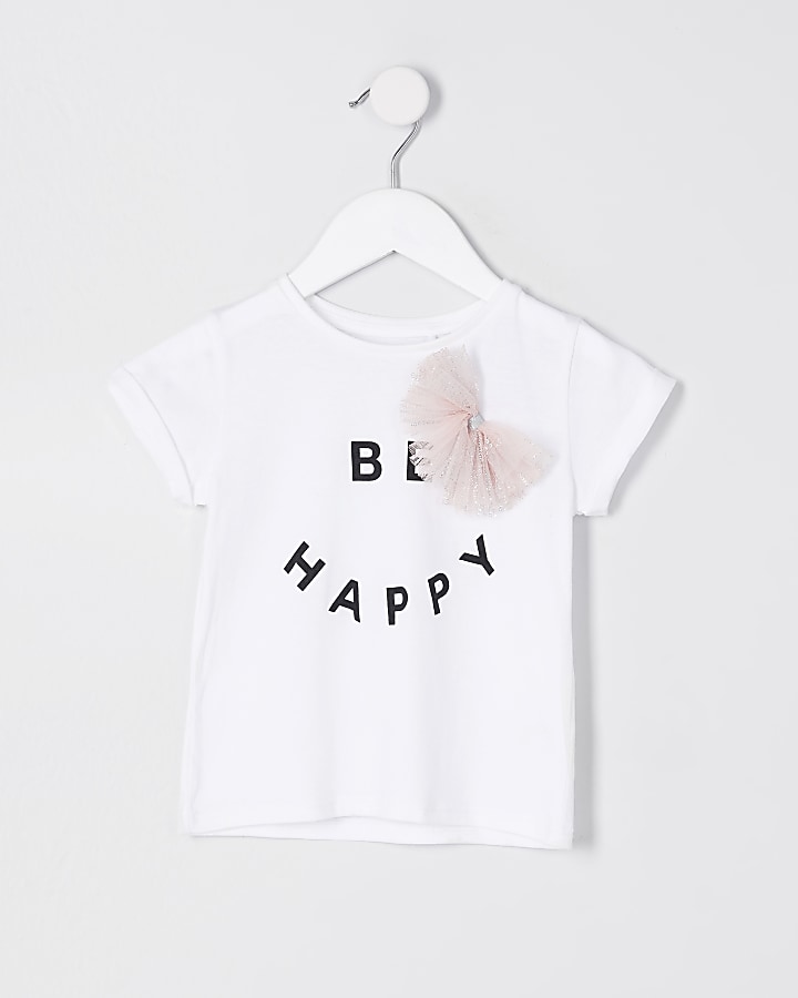 Mini Girls White 'Be Happy' print bow t-shirt