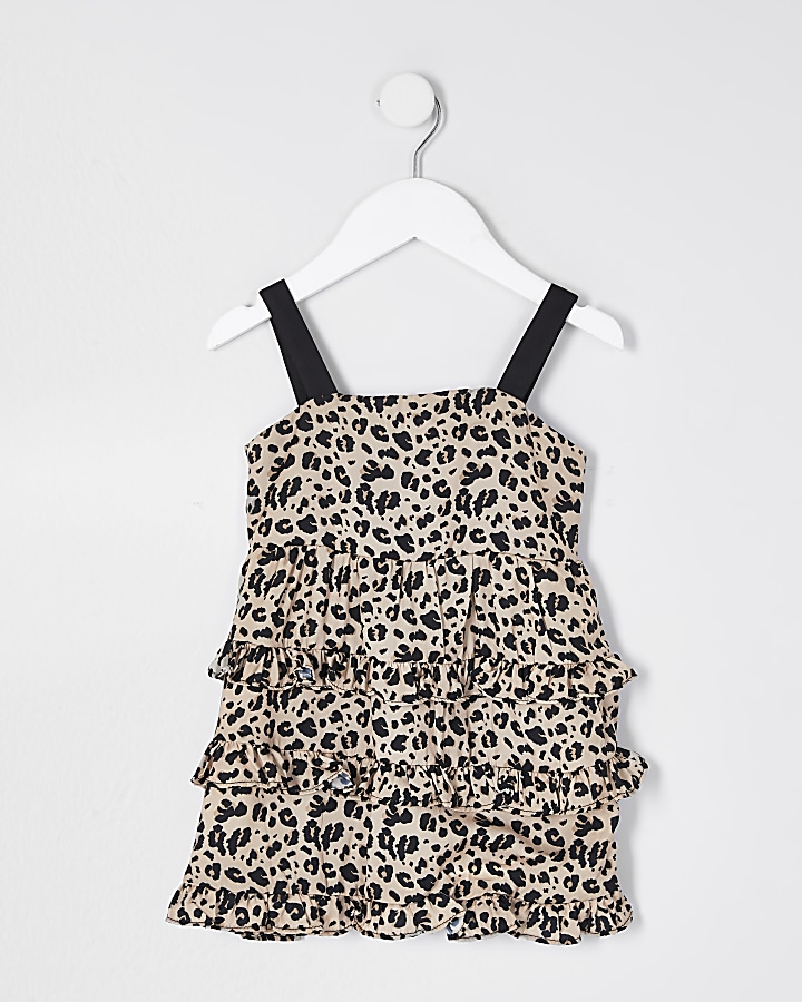 Mini girls black leopard tiered dress
