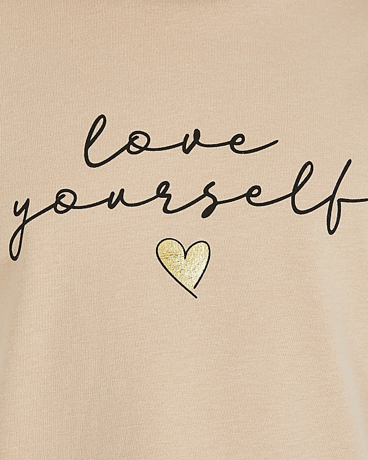 Girls beige 'Love Yourself' print t-shirt