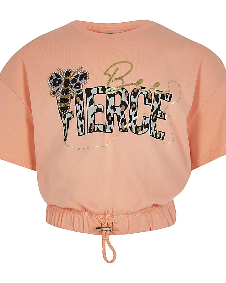 Girls orange 'Bee Fierce' cropped t-shirt