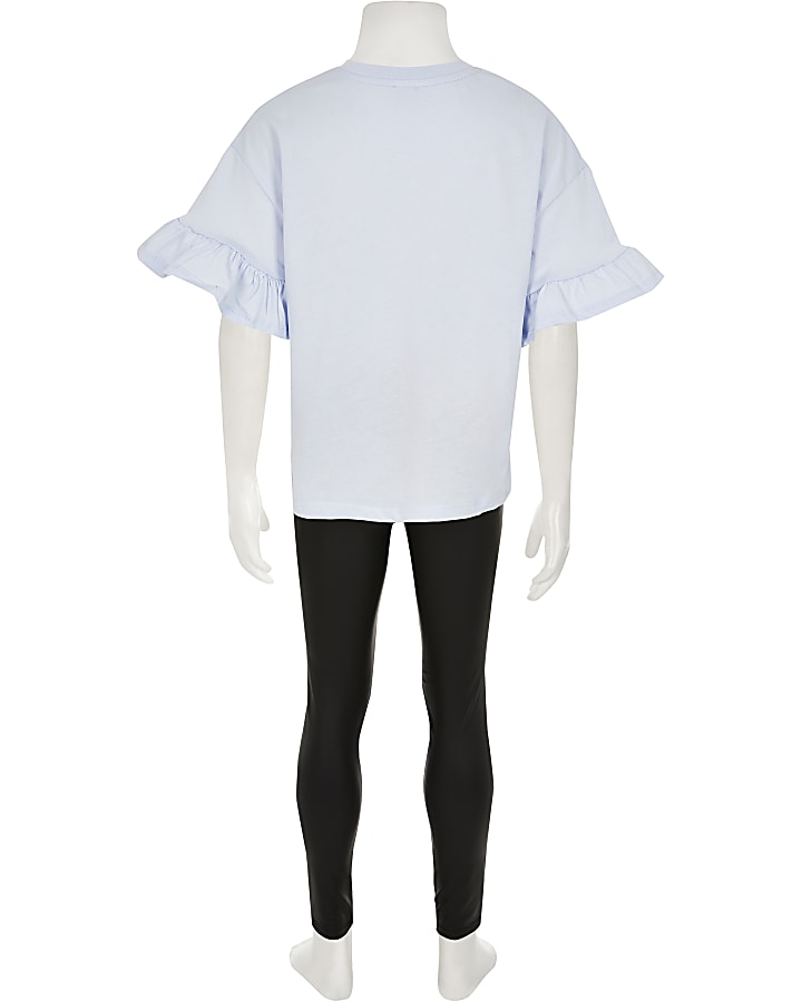 Girls blue frill t-shirt wetlook leggings set