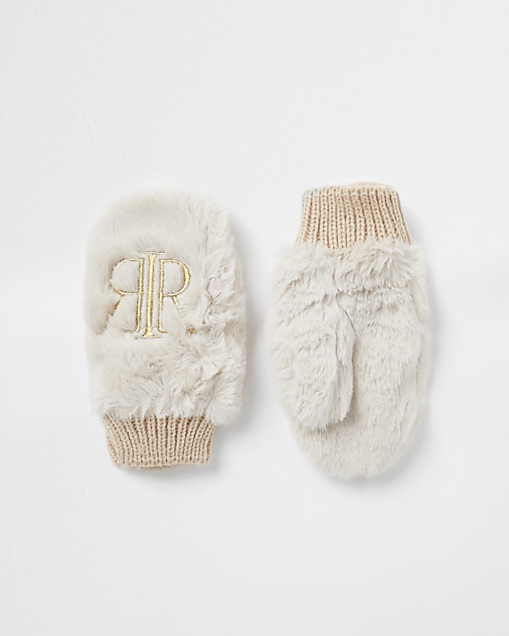Mini girls beige RIR faux fur mittens