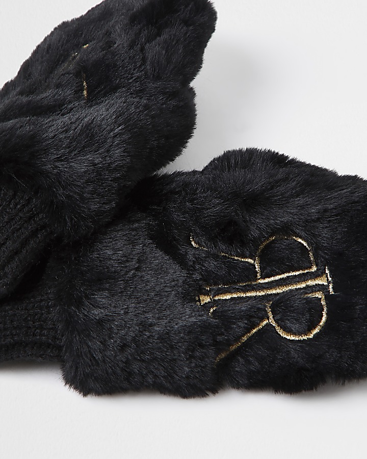 Mini girls black RIR faux fur mittens