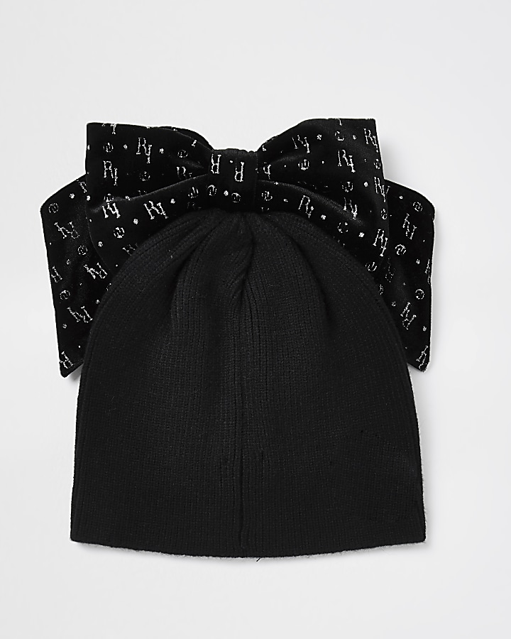 Girls black velvet logo bow beanie hat