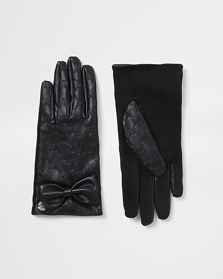 Girls black RI bow faux leather gloves