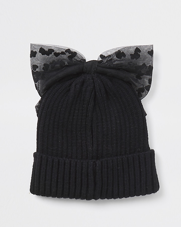 Mini girls black spot mesh bow beanie hat