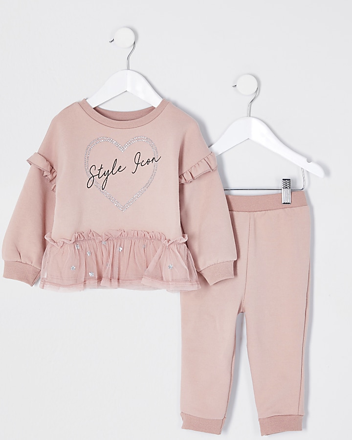 Mini girls pink tulle trim sweatshirt outfit