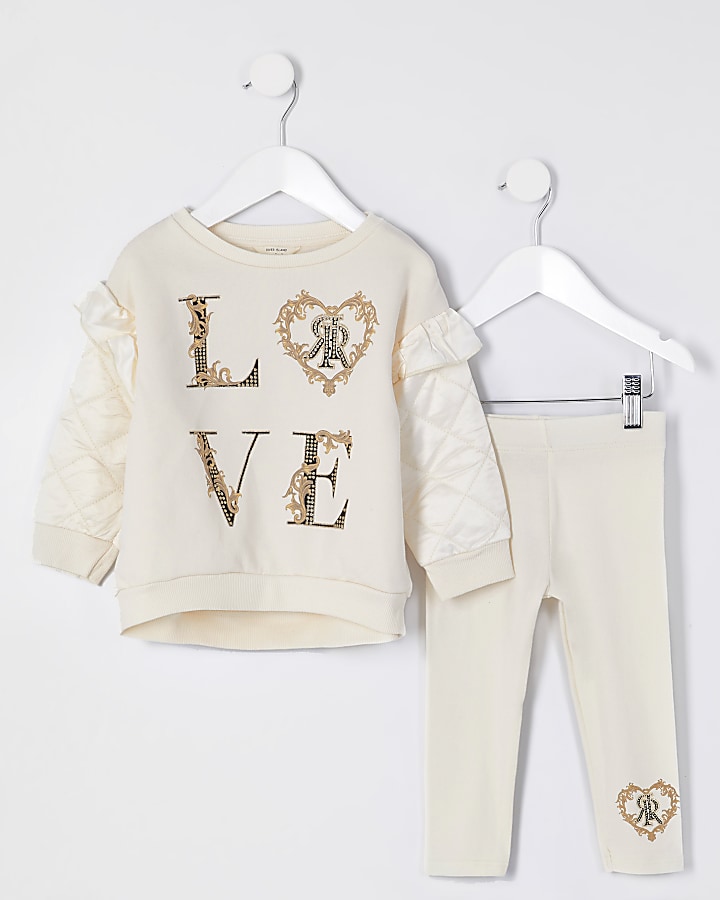 Mini girls cream 'Love' quilted sleeve outfit
