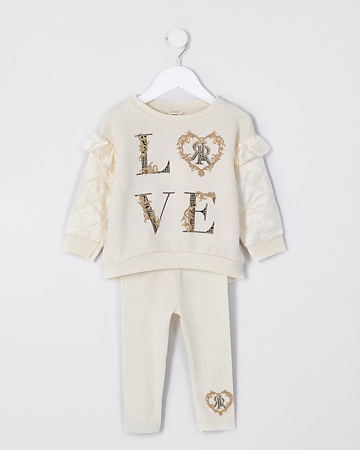 Mini girls cream 'Love' quilted sleeve outfit