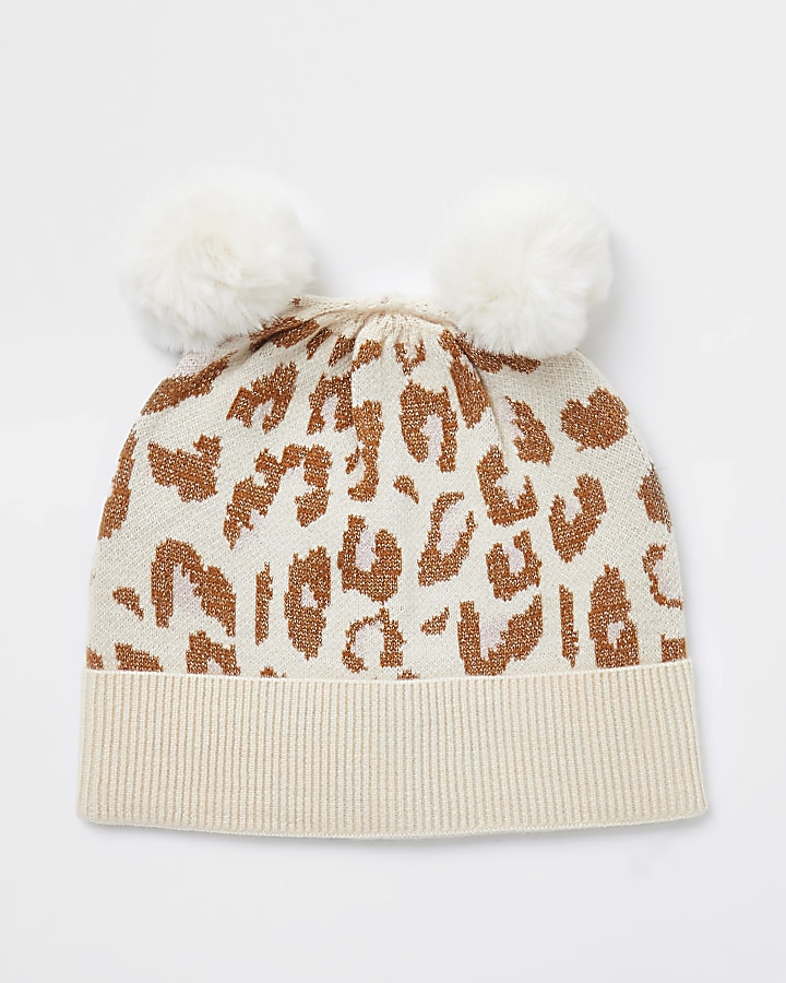 Baby ecru leopard knitted pom beanie hat