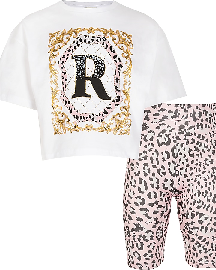 Girls white leopard t-shirt and shorts outfit