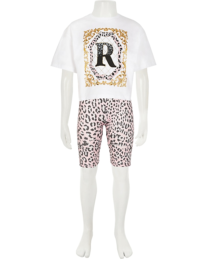 Girls white leopard t-shirt and shorts outfit