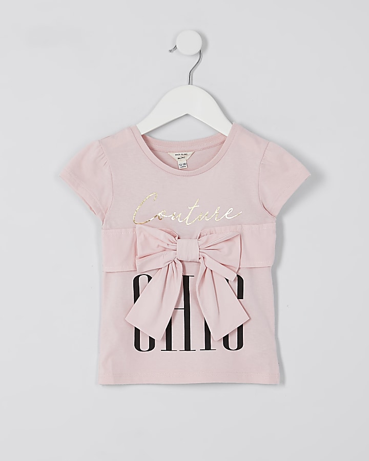 Mini girls pink bow trim t-shirt