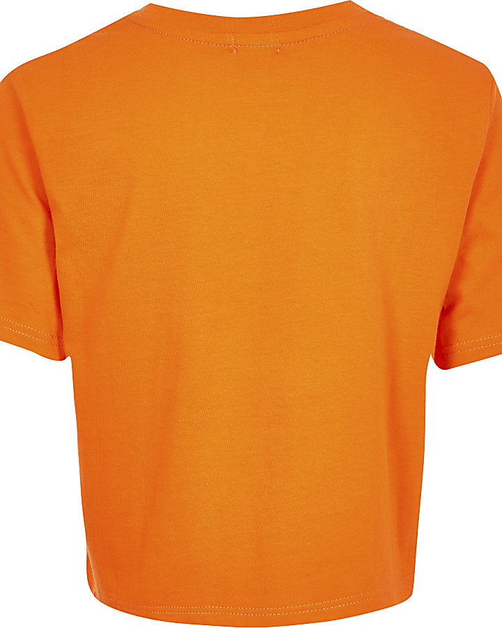 Girls orange 'Couture' print crop T-shirt