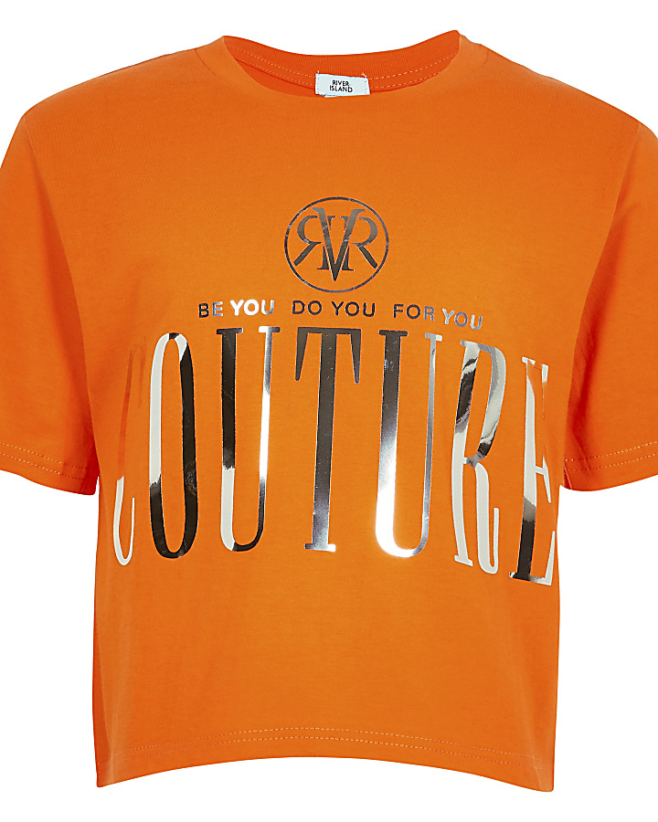 Girls orange 'Couture' print crop T-shirt