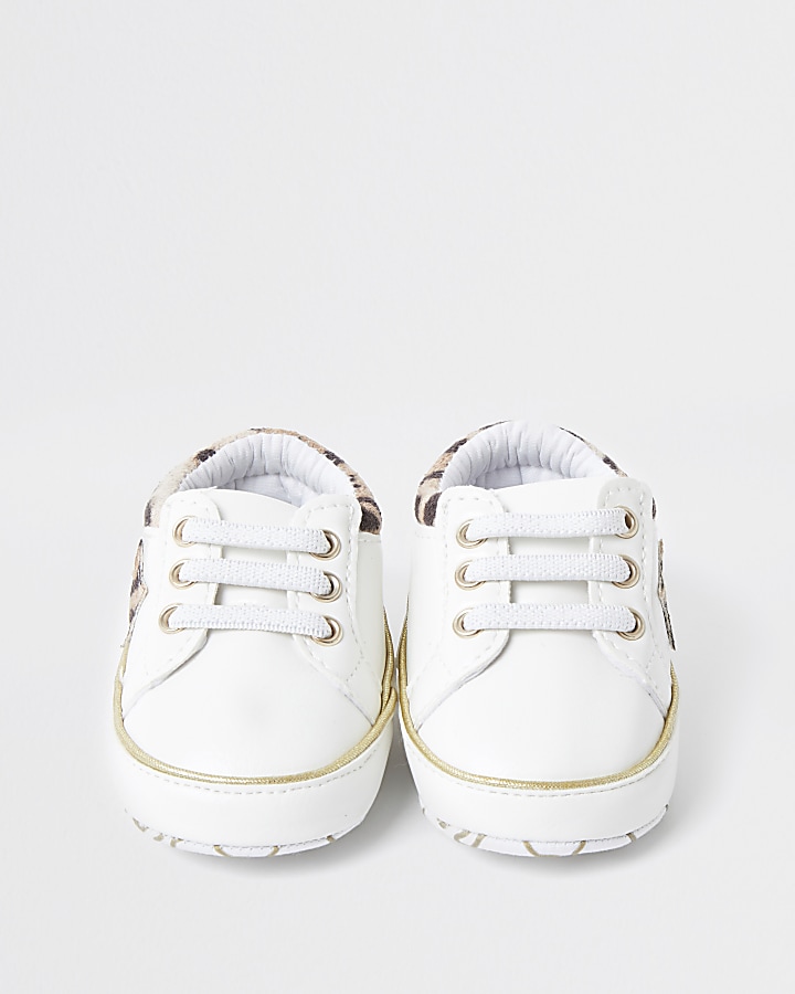 Baby white leopard lace up trainers