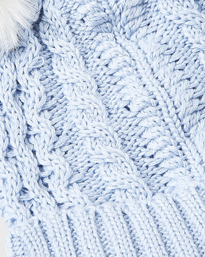 Baby blue cable knit pom pom beanie hat