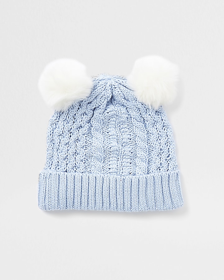 Baby blue cable knit pom pom beanie hat