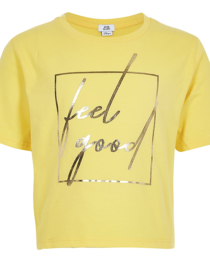 Girls yellow 'Feel good' cropped T-shirt