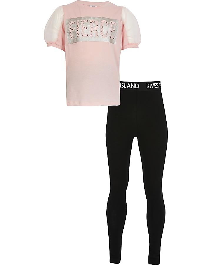 Girls pink 'Fierce' print mesh t-shirt outfit