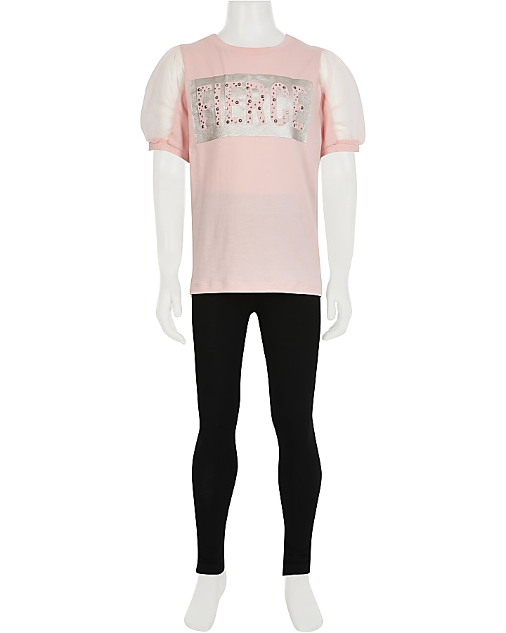 Girls pink 'Fierce' print mesh t-shirt outfit