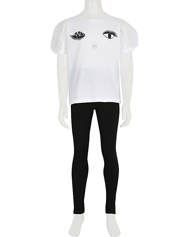 Girls white eyelash t-shirt legging outfit