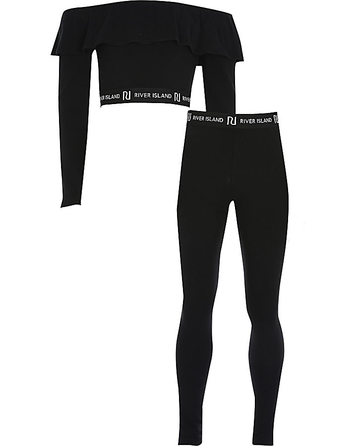 Girls black bardot and leggings outfit