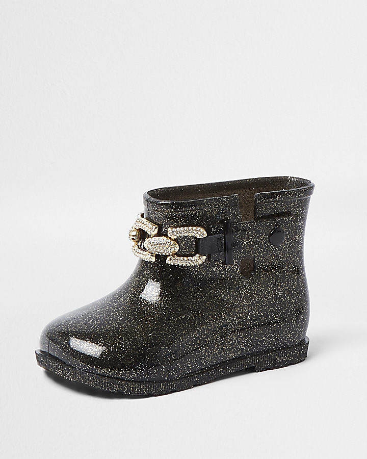 Mini girls black glitter chain wellie boots