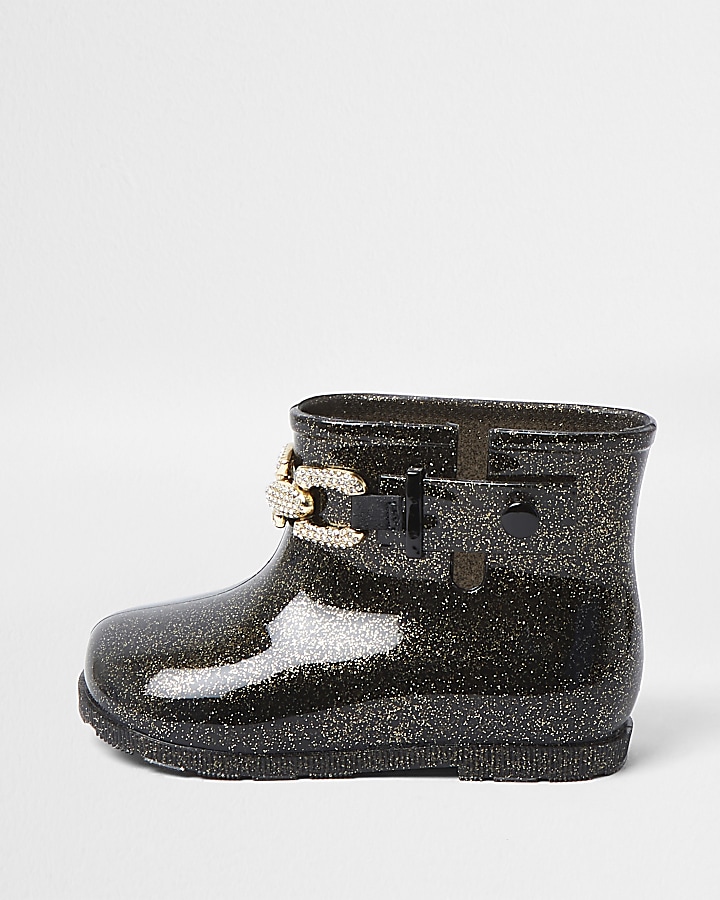 Mini girls black glitter chain wellie boots