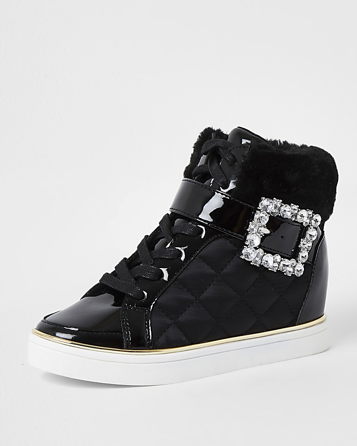 Girls black faux fur quilted satin high top