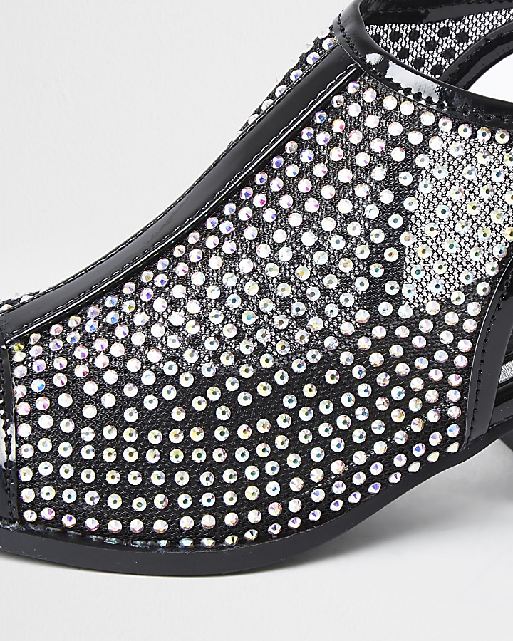 Girls black diamante mesh shoeboots