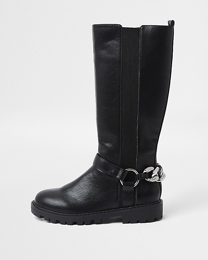 Girls black bling chain boots