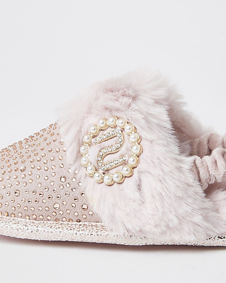 Mini girls pink diamante glam slippers