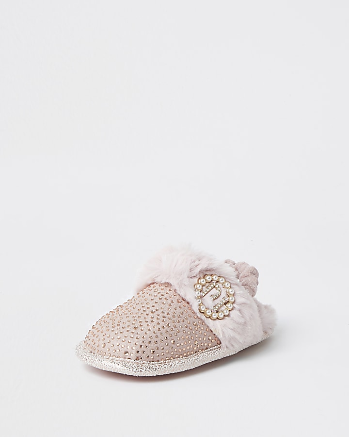Mini girls pink diamante glam slippers