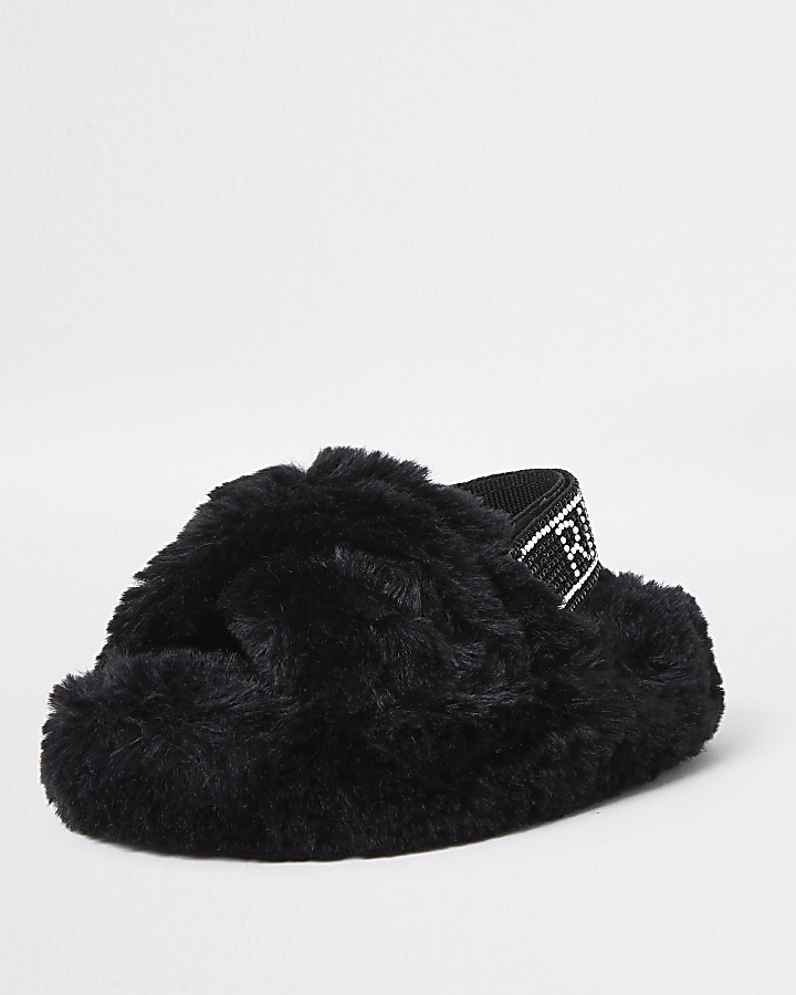 Mini girls black faux fur bling strap slipper