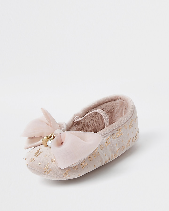 Girls pink velvet bow ballet slippers