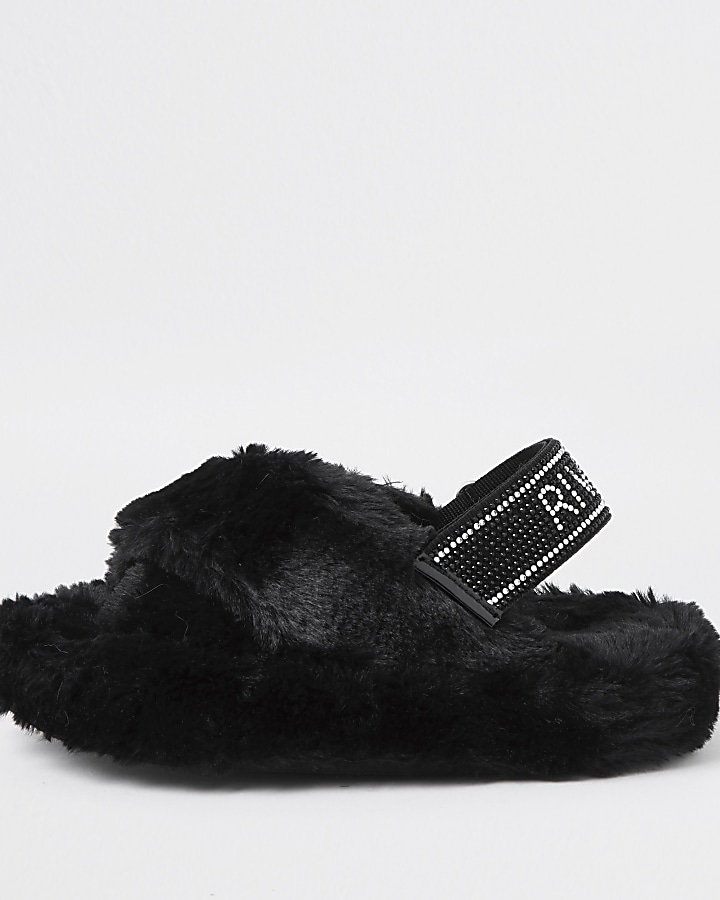 Girls black faux fur diamante trim slippers