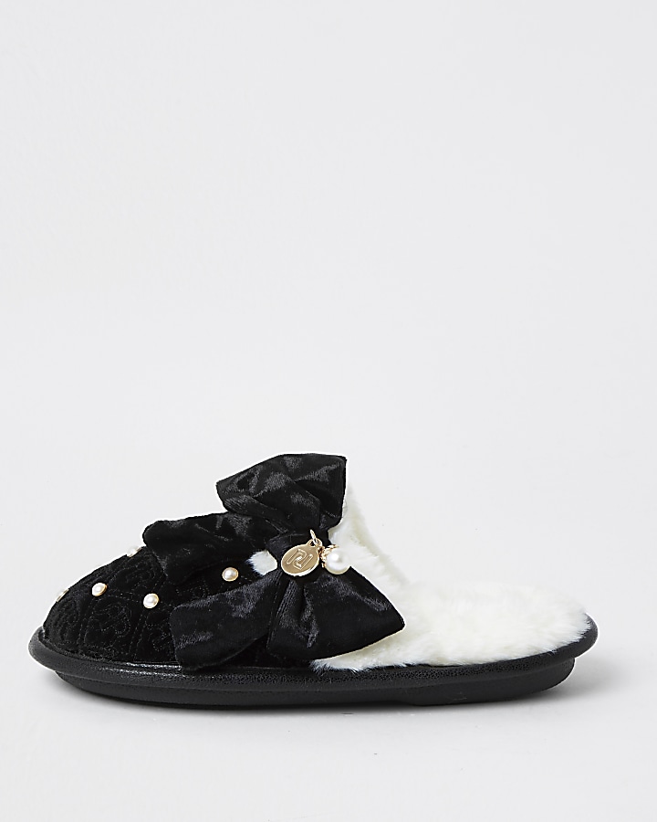 Girls black monogram bow slippers