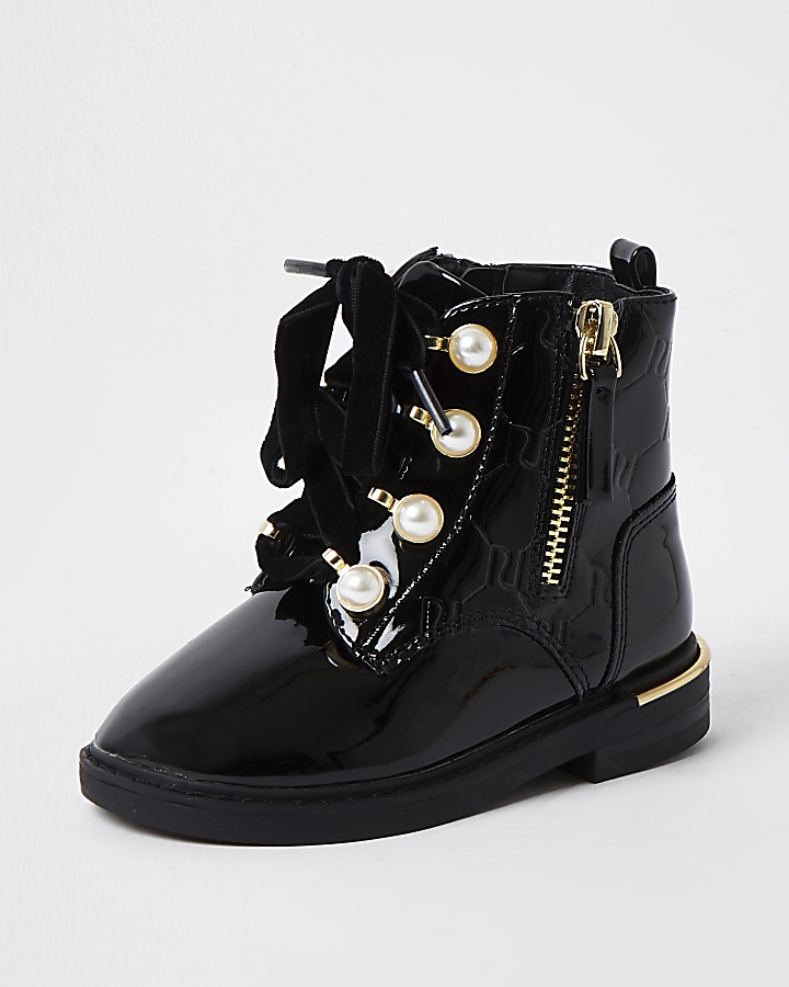 Mini girls black pearl lace up boots