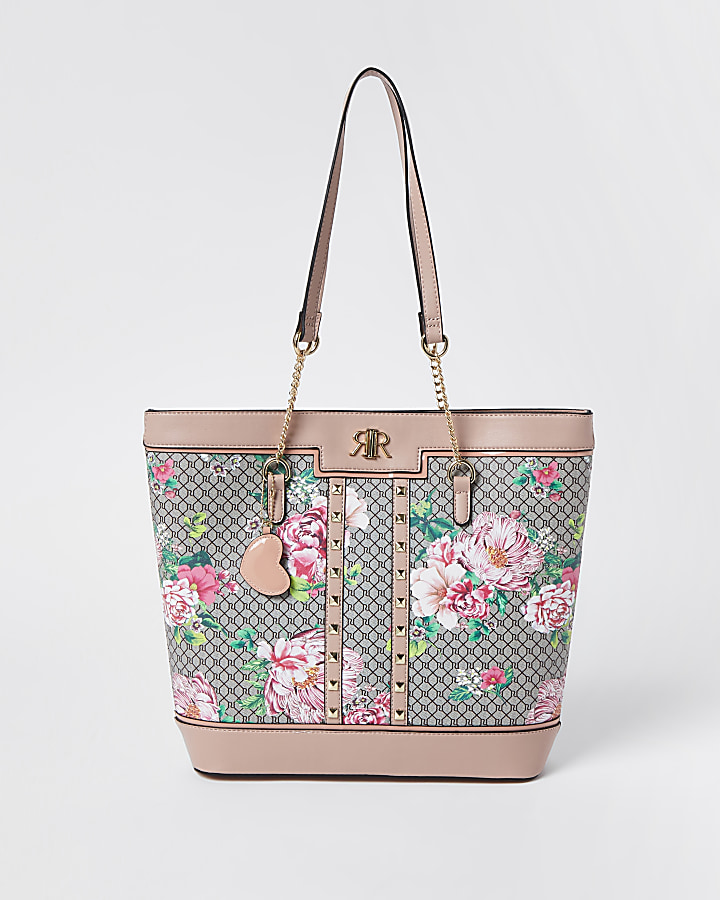 Girls pink floral monogram shopper bag