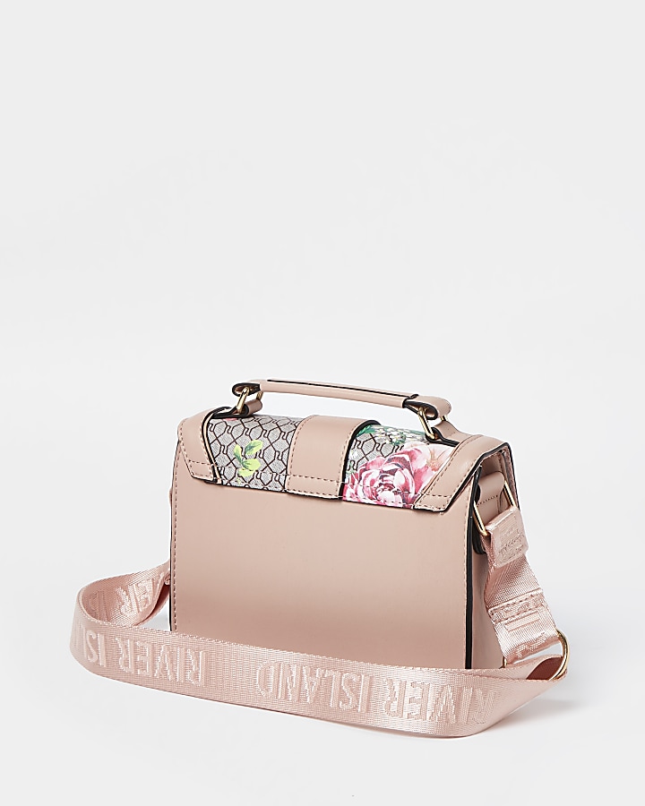 Girls pink RI monogram floral satchel bag