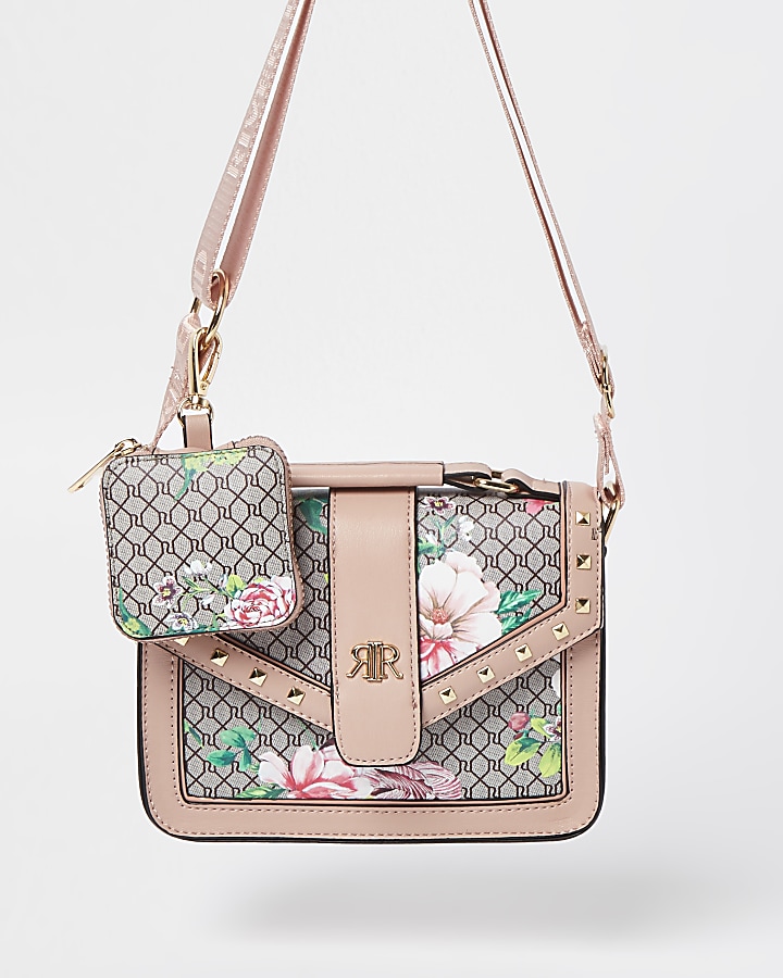 Girls pink RI monogram floral satchel bag