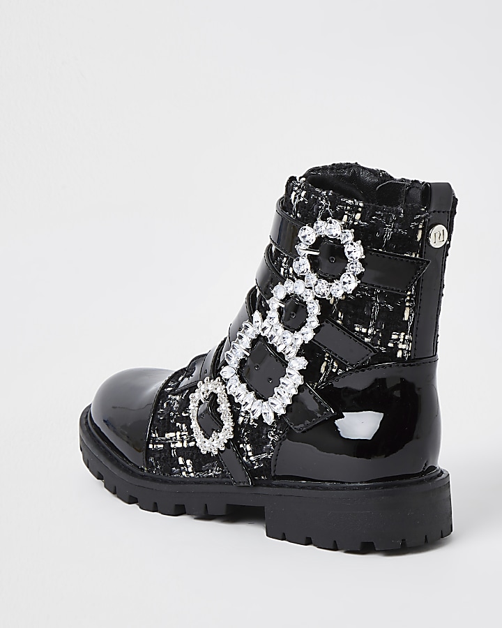 Girls black bling buckle ankle boots