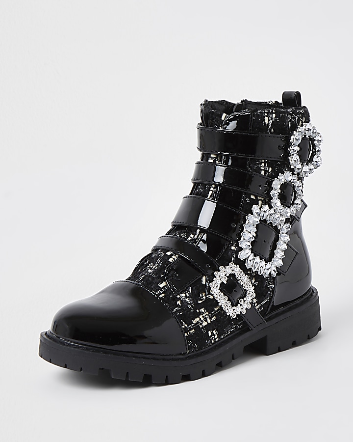 Girls black bling buckle ankle boots