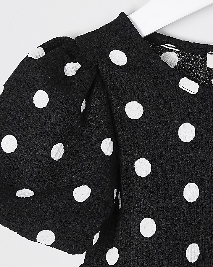 Mini girls black polka dot print smock dress