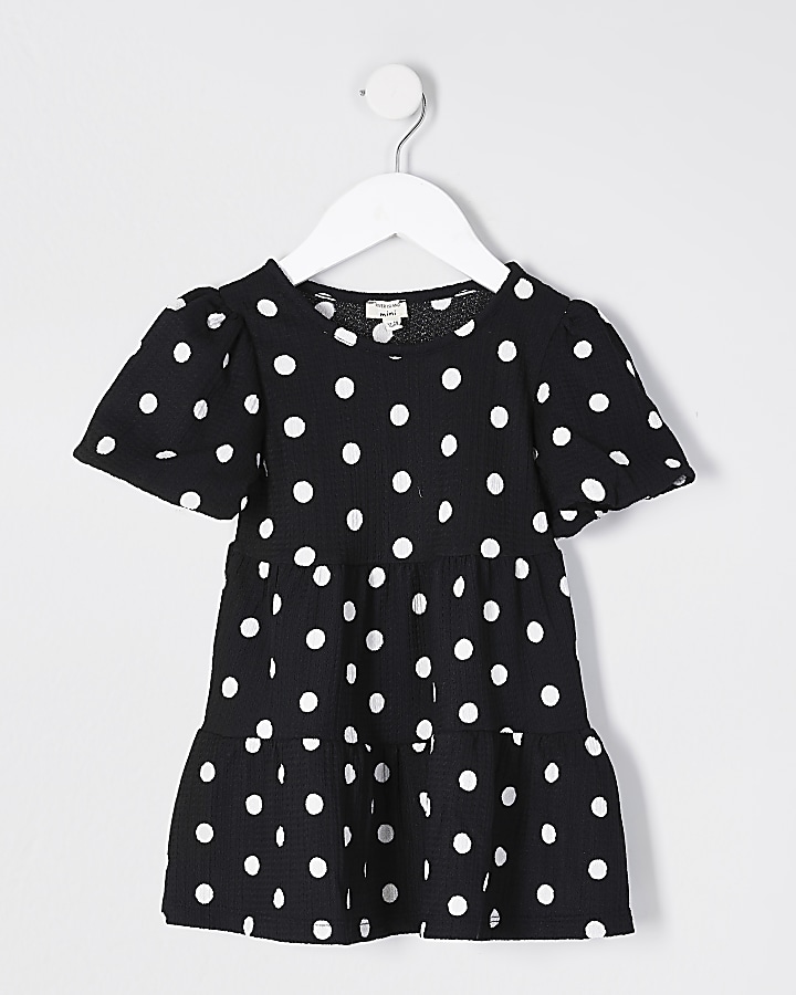 Mini girls black polka dot print smock dress