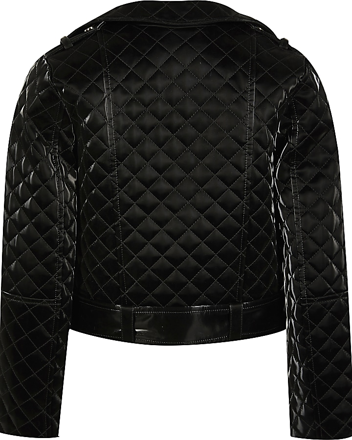 Girls black vinyl belted biker jacket