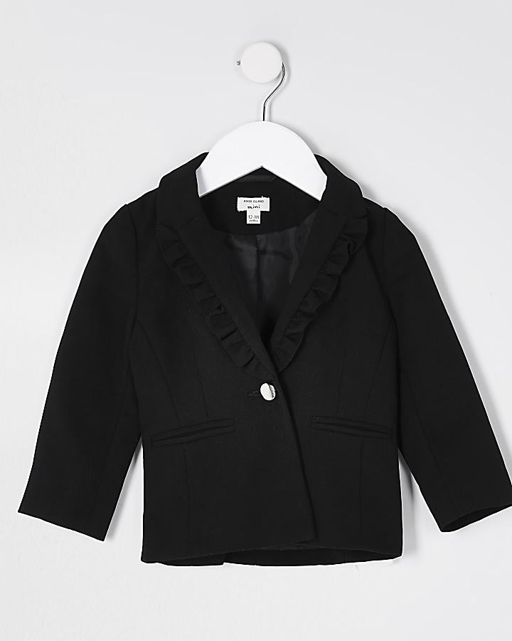 Mini girls black frill collar detail blazer