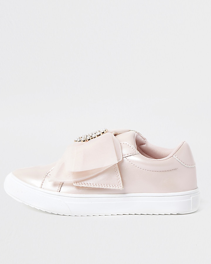 Girls pink organza bow embellished trainers