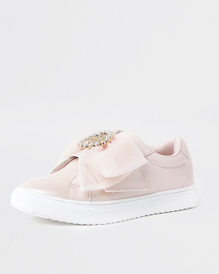 Girls pink organza bow embellished trainers